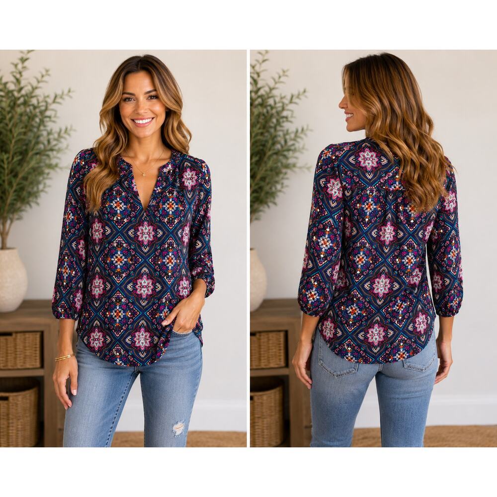 Renee C Boho Bright Colorful Medallion Print Blouse – Women’s S - Made in USA